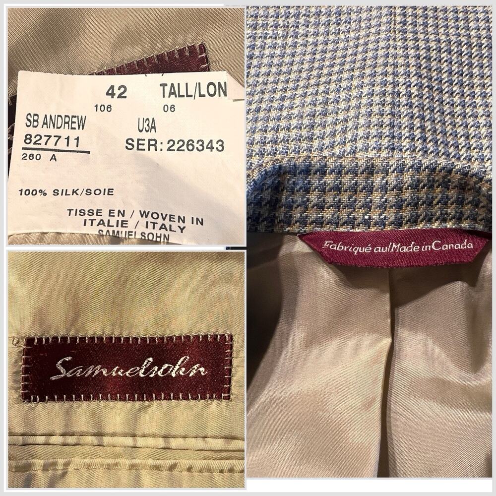 Samuelsohn Italian Silk Blazer 42L Ice Blue and Cream Houndstooth 3 Btn - Picture 12 of 13